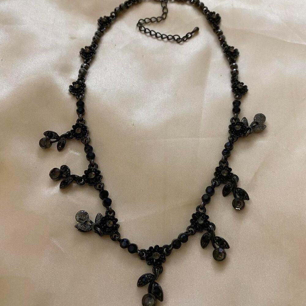 Black Metal Floral & Cherries Necklace with Faceted Stone